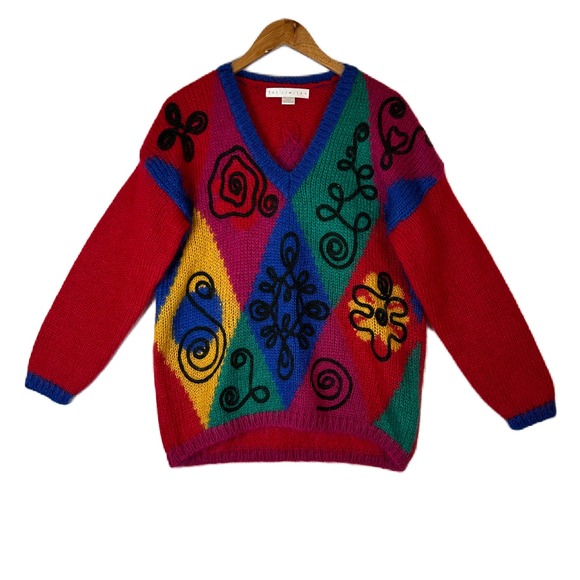 The Limited Sweaters - The Limited 80s Geometric Diamond‎ Knit V-Neck Sweater Red Vintage Size P S